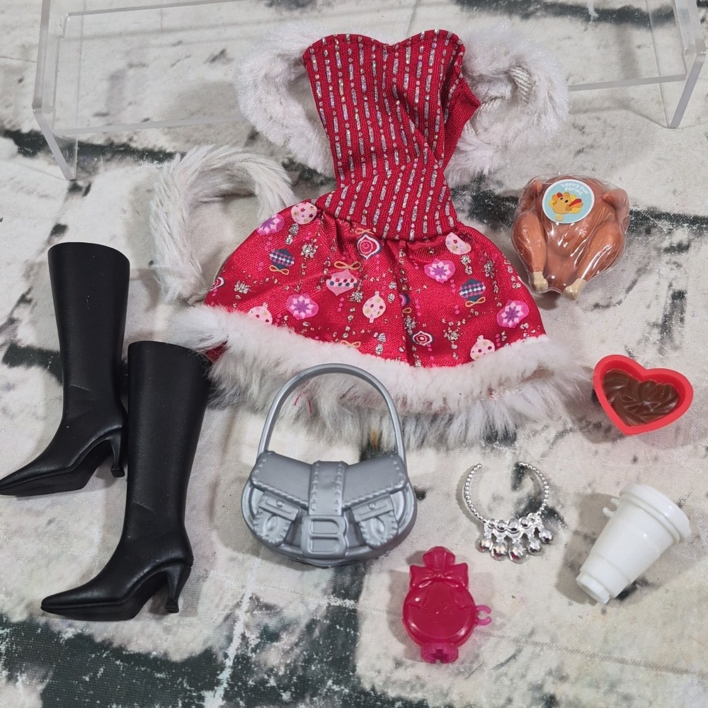 Barbie Holiday Sparkle Dress Christmas Lot Fur Shrug Headband Boots Food Purse